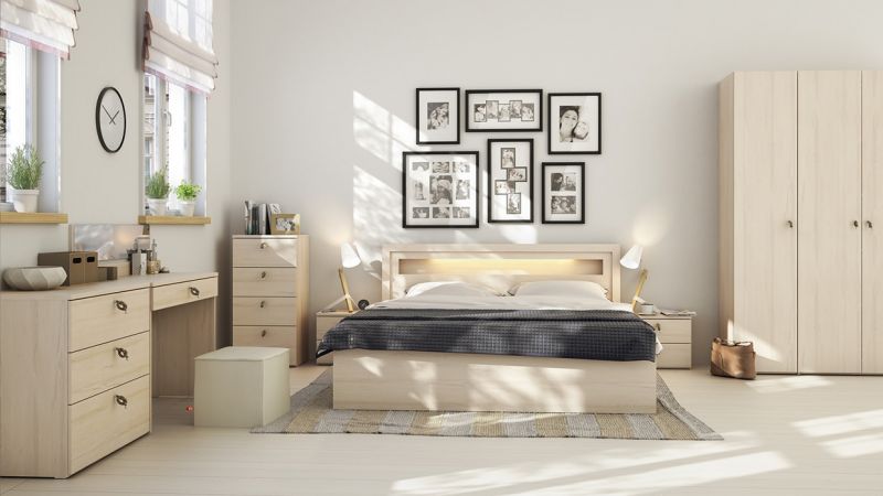 Tủ quần áo gỗ công nghiệp kết hợp cùng nhiều đồ nội thất khác trong phòng ngủ 